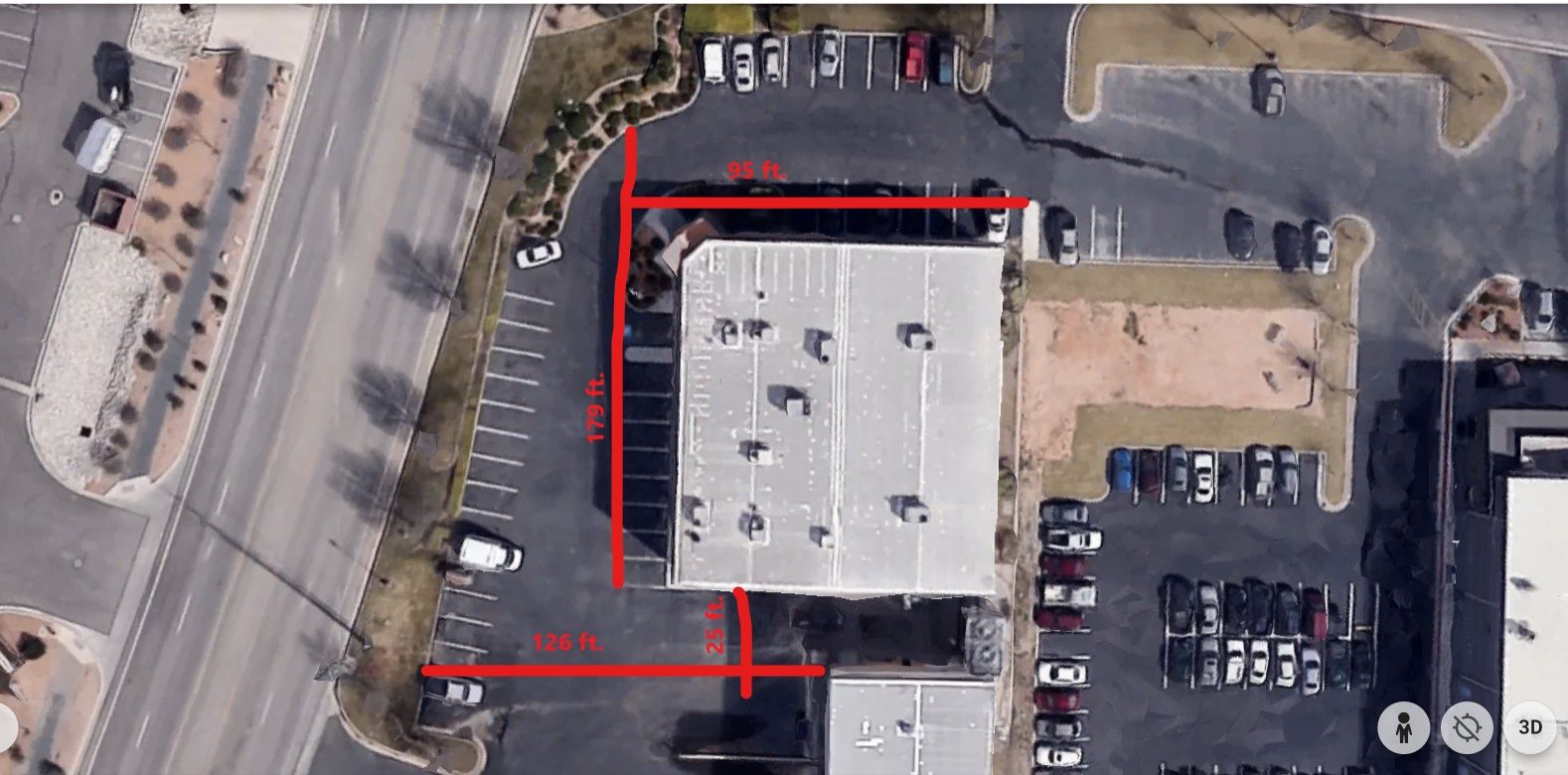 Aerial photo of the building with measurements marked: 179 feet by 95 feet main structure and a 126 foot by 25 foot wing