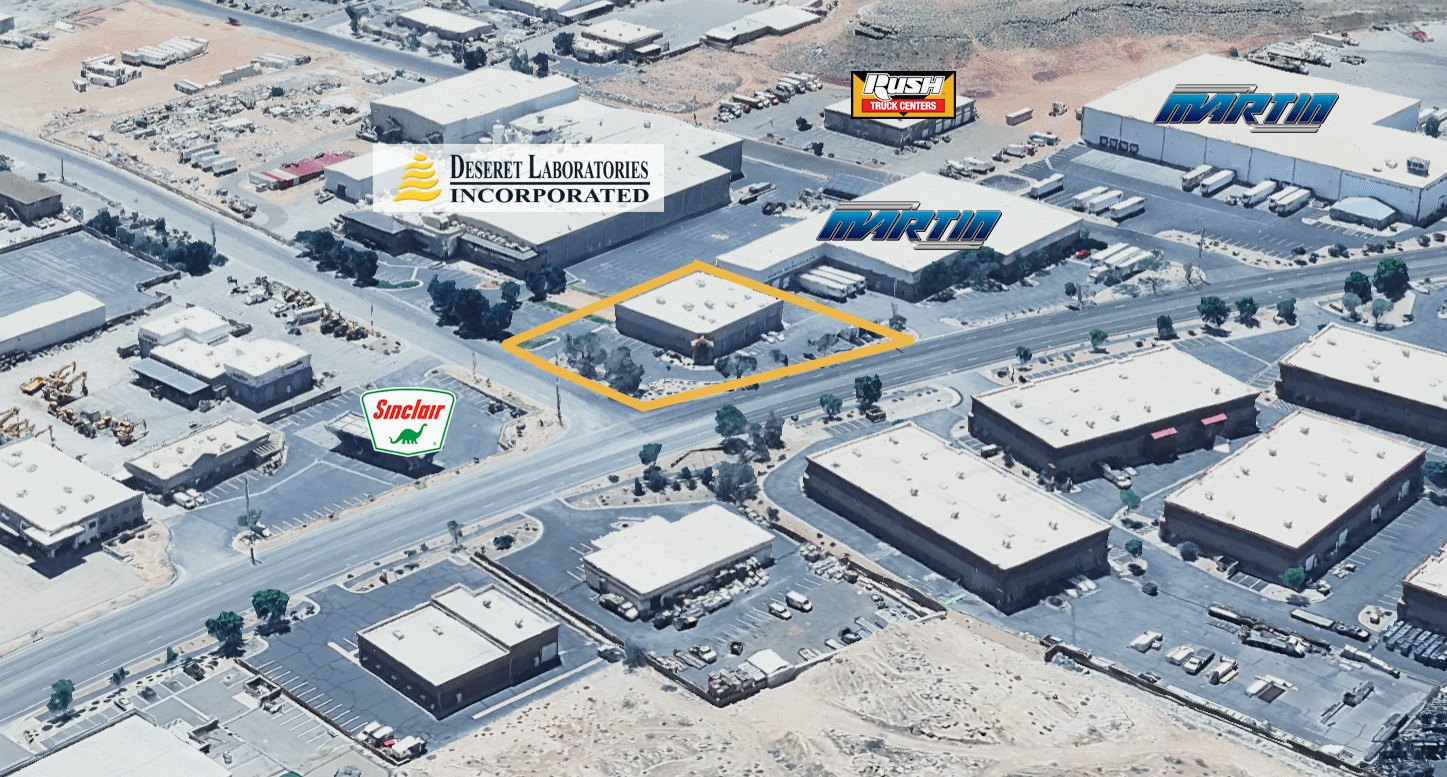 Aerial view of the Fort Pierce Industrial Park entrance with 3879 River Road Suite A outlined in gold, surrounded by Deseret Laboratories, Rush Truck Centers, Martin Warehousing and a Sinclair station